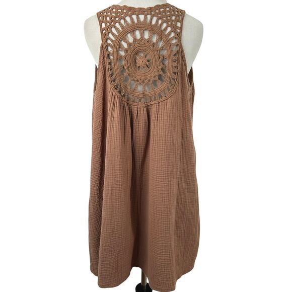 Shein Dresses & Skirts - Shein Boho Gauze Mini Dress Crochet Back Brown Size L